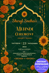 Mehndi Ceremony Invitation with Golden Arch Frame and Marigold Floral Accents on a Deep Green Background