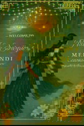 Mehndi Welcome Sign Board with Regal Green Lehenga Girl Illustration and Golden Lantern Charm with Yellow Floral Design