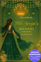Mehndi Welcome Sign Board with Regal Green Lehenga Girl Illustration and Golden Lantern Charm with Yellow Floral Design