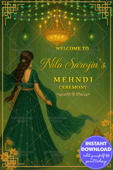 Mehndi Welcome Sign Board with Regal Green Lehenga Girl Illustration and Golden Lantern Charm with Yellow Floral Design