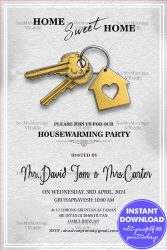 Modern Minimal Theme Housewarming Invitation with Golden Key Illustration on Elegant White Textured Background