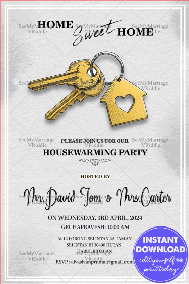 Modern Minimal Theme Housewarming Invitation with Golden Key Illustration on Elegant White Textured Background