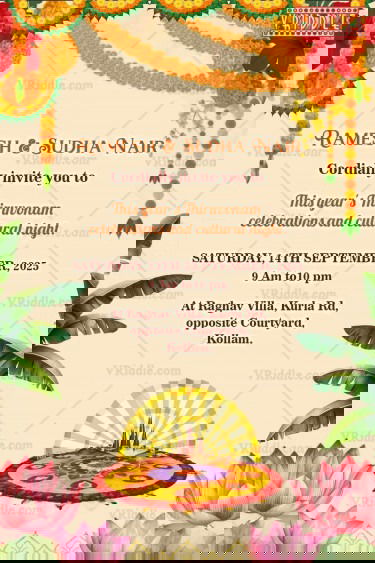 Onam Celebration Invitation Card with Banana Leaves, Colorful Pookalam and Lotus in Cream Background