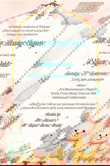 Pastel Themed 30th Day Blessing Prayers Invitation Card with Bunny and Cute Animal Toys