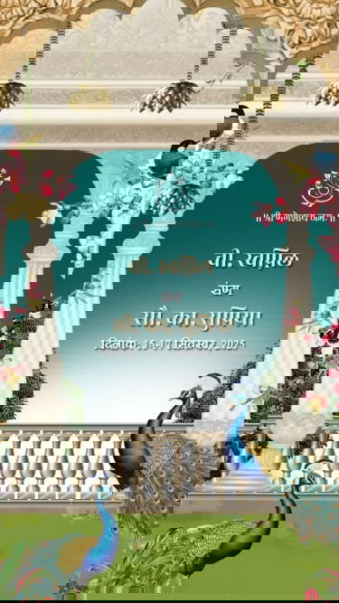 Peacock Theme North Indian Minimal Hindi Wedding Invitation Video with Floral Arch and Haldi, Baraat