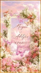 Pink and Peach Blossoms Sangeet Invitation Video with Butterfly, Pastel Clouds and Fantasy Garden Design