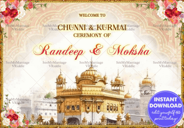 Punjabi Chunni & Kurmai Ceremony Welcome Sign Board Featuring Traditional Golden Temple Illustration and Floral Accents