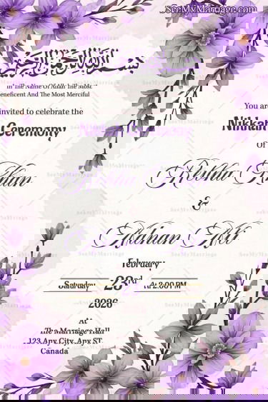 Purple Blossoms Nikkah Walima Invitation Card with Floral Watercolor Design