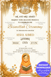 Quran Reading Girl Theme Bismillah Ceremony Invitation Card with Golden Yellow Floral Design on White BG