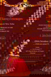Rich Maroon Theme South Indian Half Saree Ceremony Invitation with Marigold Flower and Girl Sitting Illustration with Add Photo Option