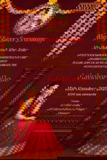 Rich Maroon Theme South Indian Half Saree Ceremony Invitation with Marigold Flower and Girl Sitting Illustration with Add Photo Option