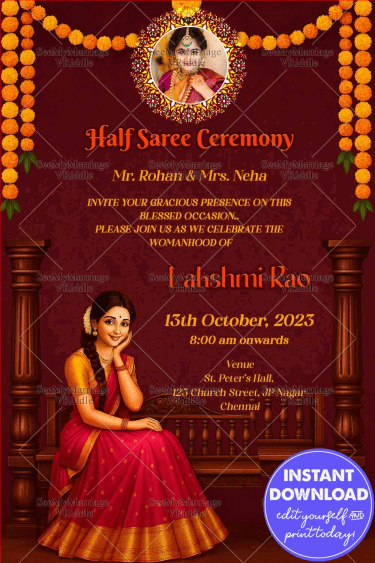 Rich Maroon Theme South Indian Half Saree Ceremony Invitation with Marigold Flower and Girl Sitting Illustration with Add Photo Option