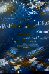 Royal Blue Dholki Night Invitation with Golden Chandeliers Luxurious Lights, Floral Decor and Hanging Tassels
