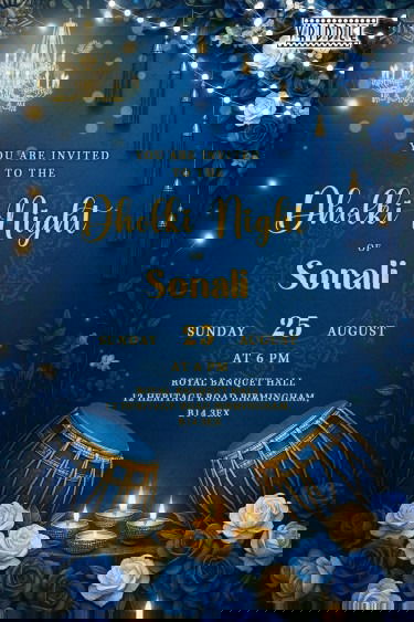 Royal Blue Dholki Night Invitation with Golden Chandeliers Luxurious Lights, Floral Decor and Hanging Tassels