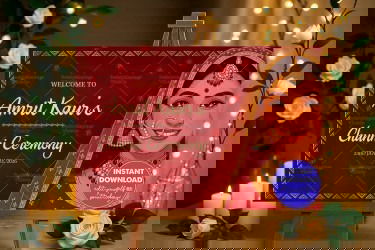 Royal Maroon Chunni Ceremony Welcome Board with Smiling Bride Illustration and Traditional Gold Detailing
