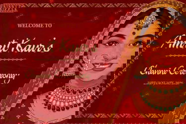 Royal Maroon Chunni Ceremony Welcome Board with Smiling Bride Illustration and Traditional Gold Detailing