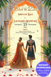 Save the Date Invitation with Royal Attire Indian Couple Illustration In cream Color grand palace Backdrop