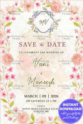 Save the Date Invitation with Watercolor Rose Floral and Monogram Design in Soft Pastel Texture Theme