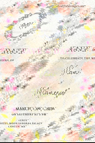 Save the Date Invitation with Watercolor Rose Floral and Monogram Design in Soft Pastel Texture Theme