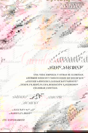 Spanish Baby Shower Invitation with Bunny Illustration and Pink Butterfly Accents on Floral Pastel Theme