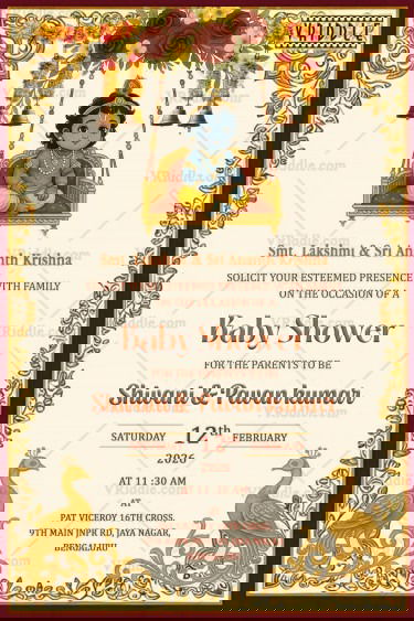 Swinging Little Krishna Theme Baby Shower Invitation Card with Floral Garland Peacock Accents and Bells on Cream Background