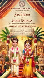 Tamil Theme Wedding Invitation Card with Couple Illustration, Temple Design and Floral Decor