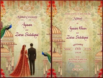 Two Leaf Islamic Nikkah Invitation Featuring a Bride-Groom Illustration with Mughal Domes, Floral Vines and Peacock