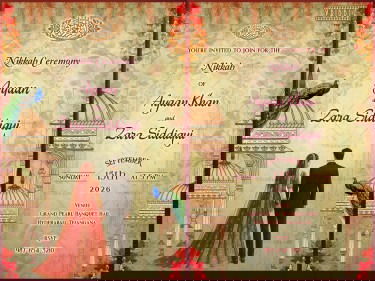 Two Leaf Islamic Nikkah Invitation Featuring a Bride-Groom Illustration with Mughal Domes, Floral Vines and Peacock