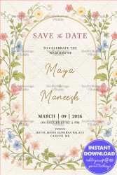 Wildflower Save the Date Wedding Invitation with Golden Arch Design in Soft Cream Texture Background