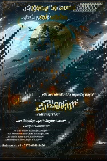 Wizard and Witches Harry Potter Theme Birthday Party Invitation with Castle Owl and Bats