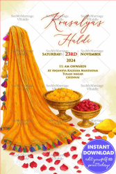 Yellow Dupatta Haldi Ceremony Invitation with Golden Bowls of Turmeric and Rose Petals on a White Background