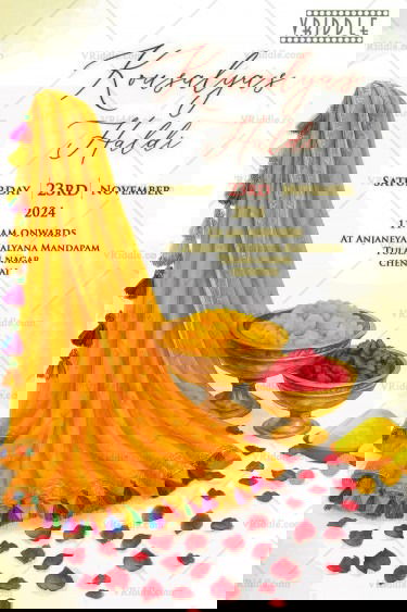 Yellow Dupatta Haldi Ceremony Invitation with Golden Bowls of Turmeric and Rose Petals on a White Background