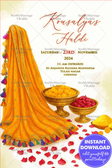 Yellow Dupatta Haldi Ceremony Invitation with Golden Bowls of Turmeric and Rose Petals on a White Background