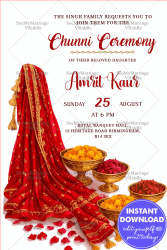 Red Dupatta Chunni Ceremony Invitation with Golden Bowls of Marigold Flower and Rose Petals on White Background