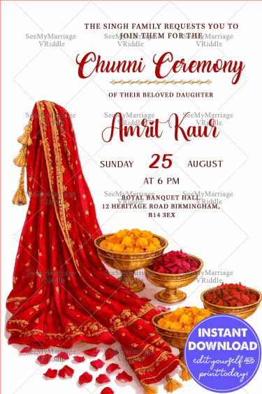Red Dupatta Chunni Ceremony Invitation with Golden Bowls of Marigold Flower and Rose Petals on White Background