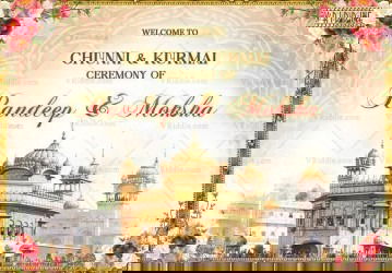 Punjabi Chunni & Kurmai Ceremony Welcome Sign Board Featuring Traditional Golden Temple Illustration and Floral Accents