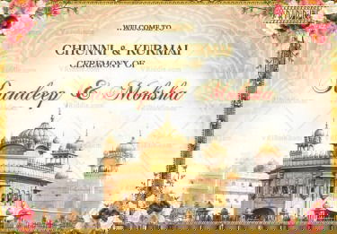 Punjabi Chunni & Kurmai Ceremony Welcome Sign Board Featuring Traditional Golden Temple Illustration and Floral Accents