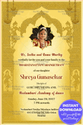 Bharatanatyam Arangetram Invitation with Classical Golden Mandala Frame, Temple-Style Pillar and Add Photo Option