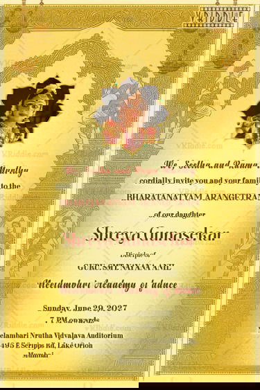 Bharatanatyam Arangetram Invitation with Classical Golden Mandala Frame, Temple-Style Pillar and Add Photo Option