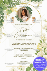 Blessed First Communion Invitation with Add Photo Option in a Golden Frame with Green & White Floral, Heavenly Angels