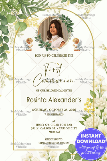 Blessed First Communion Invitation with Add Photo Option in a Golden Frame with Green & White Floral, Heavenly Angels