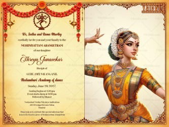 Classical Dance Mohiniyattam Arangetram Invitation Card with Add Photo and Traditional Garland Decor
