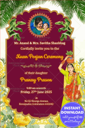 Cultural Symbolism Kuan Poojan Invitation with Mom, Banyan Tree, Yellow Florals & Add Photo Option with Warmth