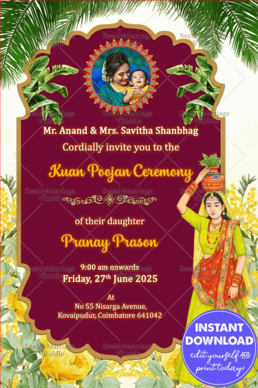 Cultural Symbolism Kuan Poojan Invitation with Mom, Banyan Tree, Yellow Florals & Add Photo Option with Warmth