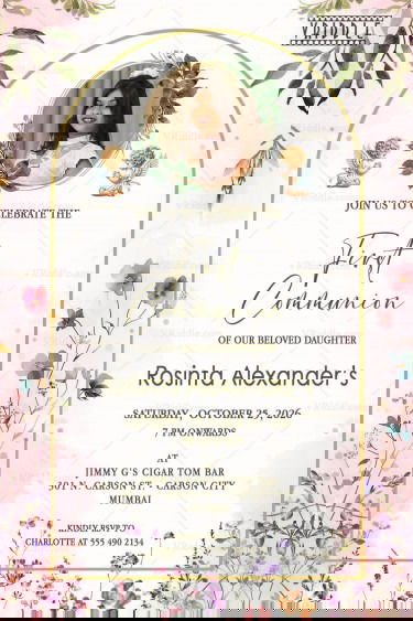 Heavenly Angel First Communion Invitation with Add Photo Option, Watercolor Florals and Golden Arch Frame
