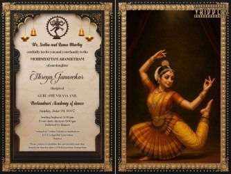Mohiniyattam Arangetram Invitation Card with Add Photo, Dancer Illustration and Temple Motifs