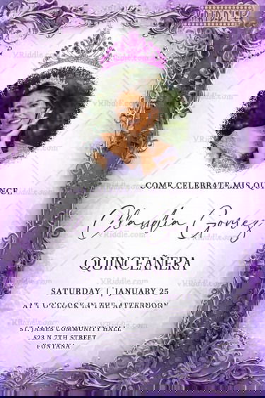 Royal Radiance Quinceañera Invitation with Add Photo Option, Purple Frame and Ornamental Patterns